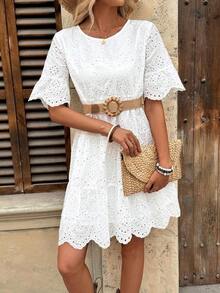 Vestido casual de vacaciones de unicolor con bordado calado para mujer - Pearl White - Ver 4