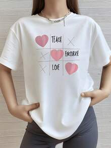 Corazones rosados en forma de juego de tres en raya que inspiran enseñar motivar y amar reflejando empatía y energía positiva camiseta de mujer casual moderna cómoda para uso diario - Blanco - Ver 8
