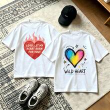 2-Piece Couple Matching Pattern T-Shirt, 100% Cotton, Loose Fit, Soft And Breathable, Casual Round Neck Short Sleeved Top Heart With Flames And Rainbow Heart Versatile Patterns No Picky Combinations Coordinated Dating Casual Travel Simple And Cartoonish Printing Styles High Cost-Effectiveness Couple - 白色 - 查看 1