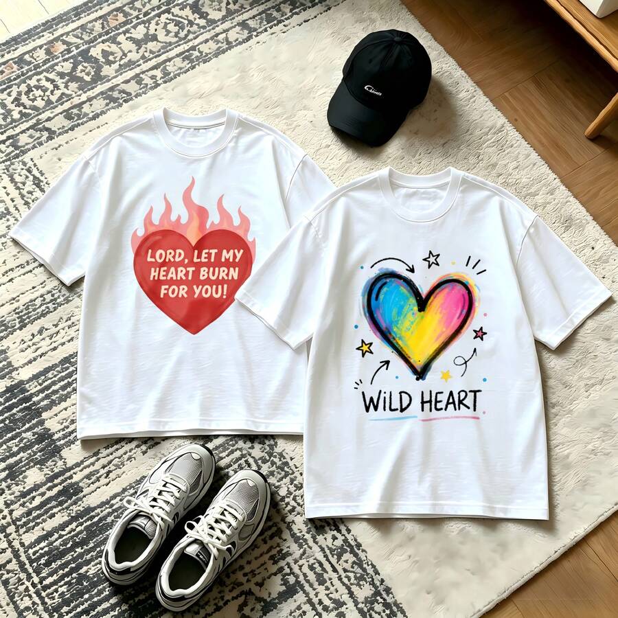2-Piece Couple Matching Pattern T-Shirt, 100% Cotton, Loose Fit, Soft And Breathable, Casual Round Neck Short Sleeved Top Heart With Flames And Rainbow Heart Versatile Patterns No Picky Combinations Coordinated Dating Casual Travel Simple And Cartoonish Printing Styles High Cost-Effectiveness Couple - 白色 - 查看 1