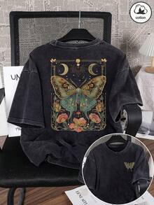 大码女式复古神秘蝴蝶花卉印花做旧T恤，休闲舒适圆领短袖上衣，清新春夏装扮，适合日常休闲、海滩度假及户外活动，黑色 - 黑色 - 查看 5