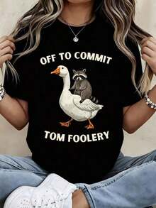 Off To Commit Tom Foolery Camiseta con Gráficos de Pato y Mapache para Mujer, Top Casual de Manga Corta, Camiseta Divertida con Estampado de Animales - Negro - Ver 1