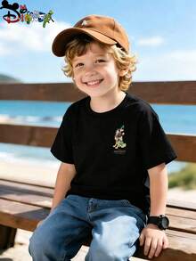 Disney Collaborates With Mickey Mouse And Friends To Gather For A Pre - And Post Printed Boys' Summer Short Sleeved T-Shirt, A High-Quality Short Sleeved Round Neck T-Shirt That Is Comfortable To Wear. Summer Short Sleeves Are The Perfect Choice For Travel, Play, And Daily Life - màu đen - Xem 3