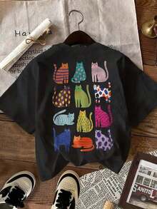Casual, talla grande, manga regular, con divertido estampado de gatos multicolor, tela cómoda de alta elasticidad, negro, verano, 100% algodón. - Negro - Ver 3