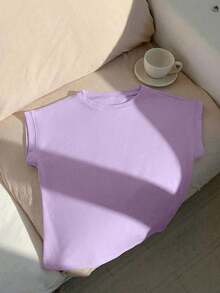 Set de 3 camisetas casuales de mujer de cuello redondo y unicolor, versátiles para uso diario - Lila Púrpura - Ver 5