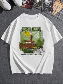Aventura selvática con barco entre hojas tropicales y sol brillante que simboliza la exploración y libertad en la naturaleza camiseta de mujer  cómoda y casual para uso diario - Blanco - Ver 3