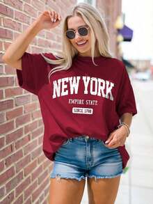 Plus Size Women's Mid-Length Short-Sleeve T-Shirt, Casual And Loose Style, With "New York" Letter Print On The Round Neck - 波爾多 - 查看 1