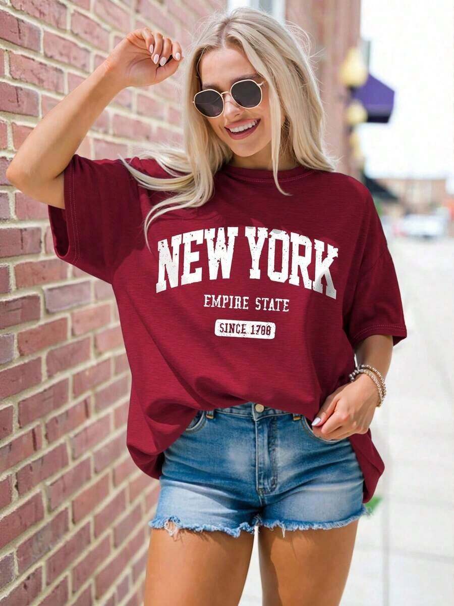 Plus Size Women's Mid-Length Short-Sleeve T-Shirt, Casual And Loose Style, With "New York" Letter Print On The Round Neck - 波爾多 - 查看 1