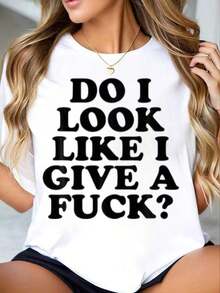 Women's Modern Minimalist Crew Neck T-Shirt With "Do I Look Like I Care?" Print, Short Sleeve Casual Summer Shirt For Everyday Wear - 白色 - 查看 7