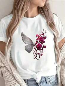 Camiseta de manga corta% algodón suave con diseño de mariposa y rosa, ligera y duradera, perfecta para uso casual en casa, en un café o en actividades al aire libre, ajuste cómodo para uso diario. Camiseta de algodón transpirable, combina con todo. - Blanco - Ver 8