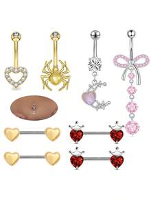 Bộ 8 món trang sức xỏ khuyên cơ thể đính đá lấp lánh hình trái tim, bướm, nhện sang trọng, phù hợp cho bãi biển, tiệc tùng, đám cưới, lễ hội và phong cách cá nhân. - 8 miếng - Xem 1