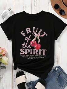 Camiseta FashionNEWFruit Of The Spirit Blanca, Corte Holgado, Diseño de Cerezas y Texto - Estilo Urbano Vintage, Unisex, de Algodón, Manga Corta, Cuello Redondo - Negro - Ver 2