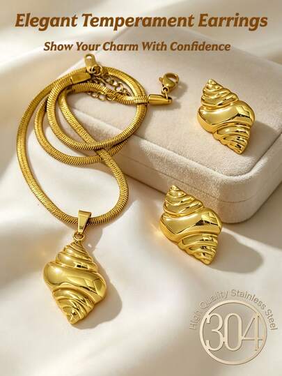 A Set Of Gold-Plated Stainless Steel Jewelry Collection, A Summer Bohemian-Style Women's Jewelry Set, Including A Conch Pendant Necklace And Conch Earrings. Irregular Geometric Texture Design, Suitable For Various Party Occasions - 18K Gold-Coated Non-Aging Stainless Steel Earrings