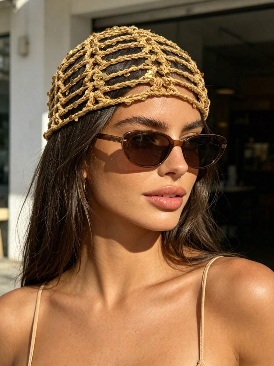 1 pieza Diadema con lentejuelas huecas de inspiración vintage, sombrero de sol ligero y transpirable para el verano, accesorio de moda versátil para mujeres - Multicolor - Ver 1