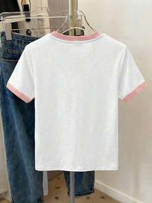 Women's Short-Sleeved T-Shirt With Color Block Heart Print, Romantic Valentine's Day Gift - 粉色 - 查看 2