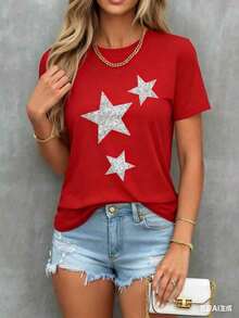 Women's Casual T-Shirt With Glitter Star Print, Short Sleeve For Summer, Loose And Comfortable Fit For Everyday Wear - Red - View 6