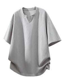 1pc Men's T-Shirt, Light Gray Textured Small V-Neck Henley Collar Short Sleeve T-Shirt, Knit Fabric Skin-Friendly Comfortable, No Pilling No Sweat, Minimalist Casual Business Casual Style Men's Top, Suitable For Daily Commute, Leisure Wear - Light Grey - View 6