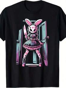 1 Piece, 100% Cotton, Killer Gothic Rabbit Print T-Shirt, Seasonal Casual T-Shirt, Short Sleeve Cotton Crew Neck T-Shirt, Outdoor Sports T-Shirt, Christmas And Thanksgiving Gift, Affilante. - 黑色 - 查看 6