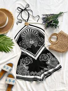 Nuevo mono floral de halter para vacaciones, adecuado para fiesta, cita, San Valentín, Pascua, carnaval, té de la tarde, playa, crucero, calle de la ciudad, estilo bohemio, romántico floral - Rosa - Ver 7