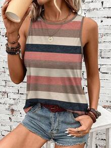 Camiseta de tirantes holgada de verano para mujer, estampado de patrón de correa de mezclilla, elegante y versátil, apta para uso casual, vacaciones y paseos, con un estilo minimalista y retro - Multicolor - Ver 5
