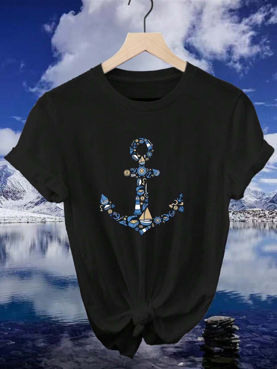 Women's Vintage Nautical Anchor Print T-Shirt - American Urban Style, Crew Neck, Short Sleeve, Suitable For Casual Wear, A Gift For Mom And Girlfriend - Nautical Themed T-Shirt, Machine Washable, Vintage Style - 黑色 - 查看 1
