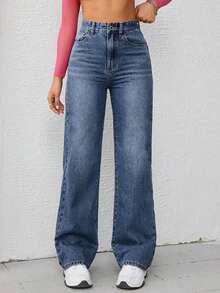 Pantalones vaqueros para mujer de pierna ancha y ajuste holgado con bolsillos para uso diario - Azul lavado oscuro 5 - Ver 7