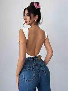 Body elegante y romántico sin espalda para mujer, adecuado para fiestas, vacaciones, regreso a clases, citas románticas y atuendo de boda y cumpleaños - Blanco - Ver 1