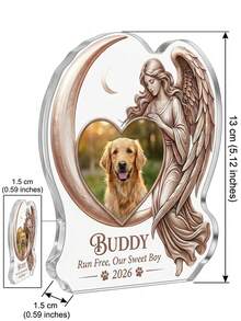 1 pieza Decoración conmemorativa de mascota personalizada de acrílico, placa conmemorativa de mascota personalizada con foto y texto personalizables, decoración conmemorativa de nombre y fecha de mascota personalizable. Adopta diseño plano 2D de ángel abrazando la luna, artesanía en relieve degradado dorado rosa y marco con forma de corazón. - Ángel 1 - Ver 4