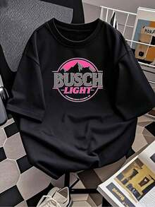 1 Piece Women's T-Shirt With Busch Light Mountain Graphic Print, Retro Style, Soft Pure Cotton T-Shirt For Everyday Casual Wear, Perfect Gift For Beer Lovers And Outdoor Adventurers, A Fashion Must-Have, 180g 100% Cotton Blouses For Women Shirt - 黑色 - 查看 3