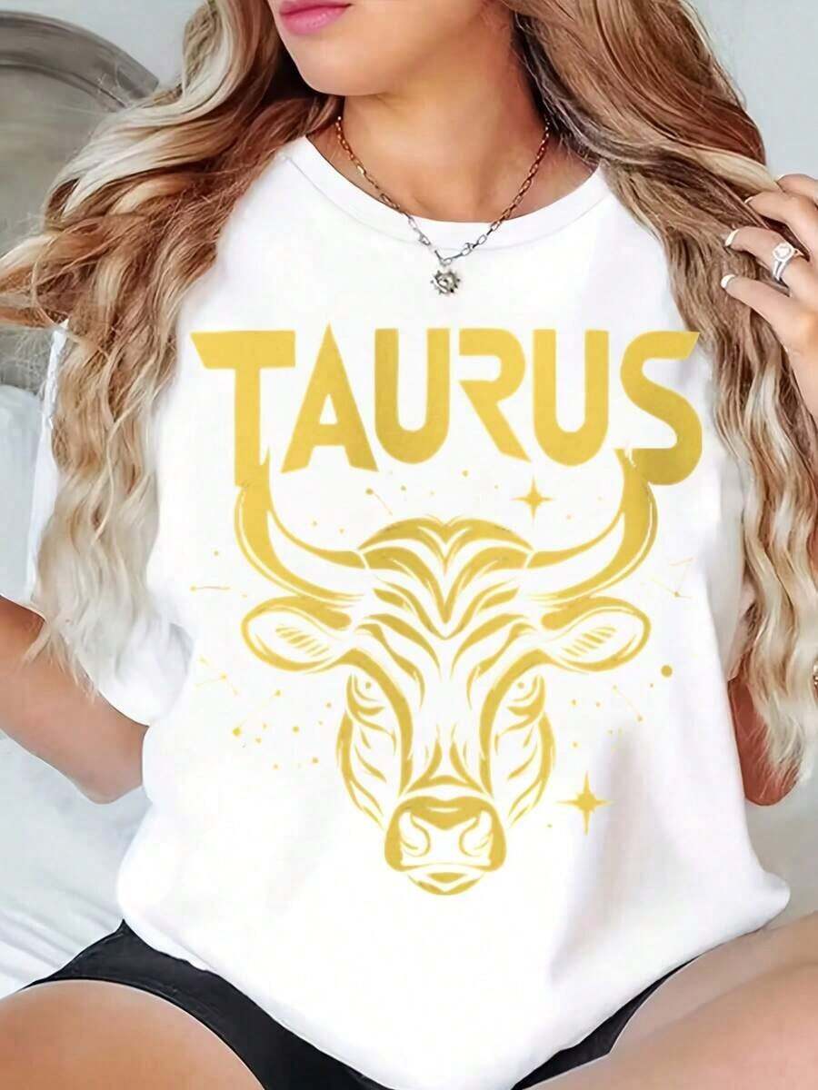 Casual Wear Unisex T-Shirt With Taurus Zodiac Graphic Print, Round Neck, For Women And Men, Casual Wear For Daily Outfits, Parties And Gifts, Style For All Four Seasons, Everyday Leisure Wear, Gift For Family And Friends, Bohemian T-Shirt, Blouses For Women>Shirt - 白色 - 查看 1
