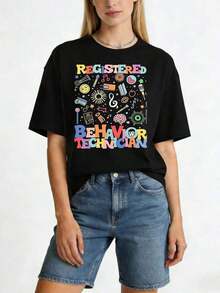 1 Piece Of Women's T-Shirt With Professional RBT Typographic Print, Casual Loose Fit, Short Sleeve, Round Neck, Medium Elasticity, Machine Washable, Unique Design, Fashionable T-Shirt For Spring And Summer, 180g 100% Cotton. - 黑色 - 查看 1
