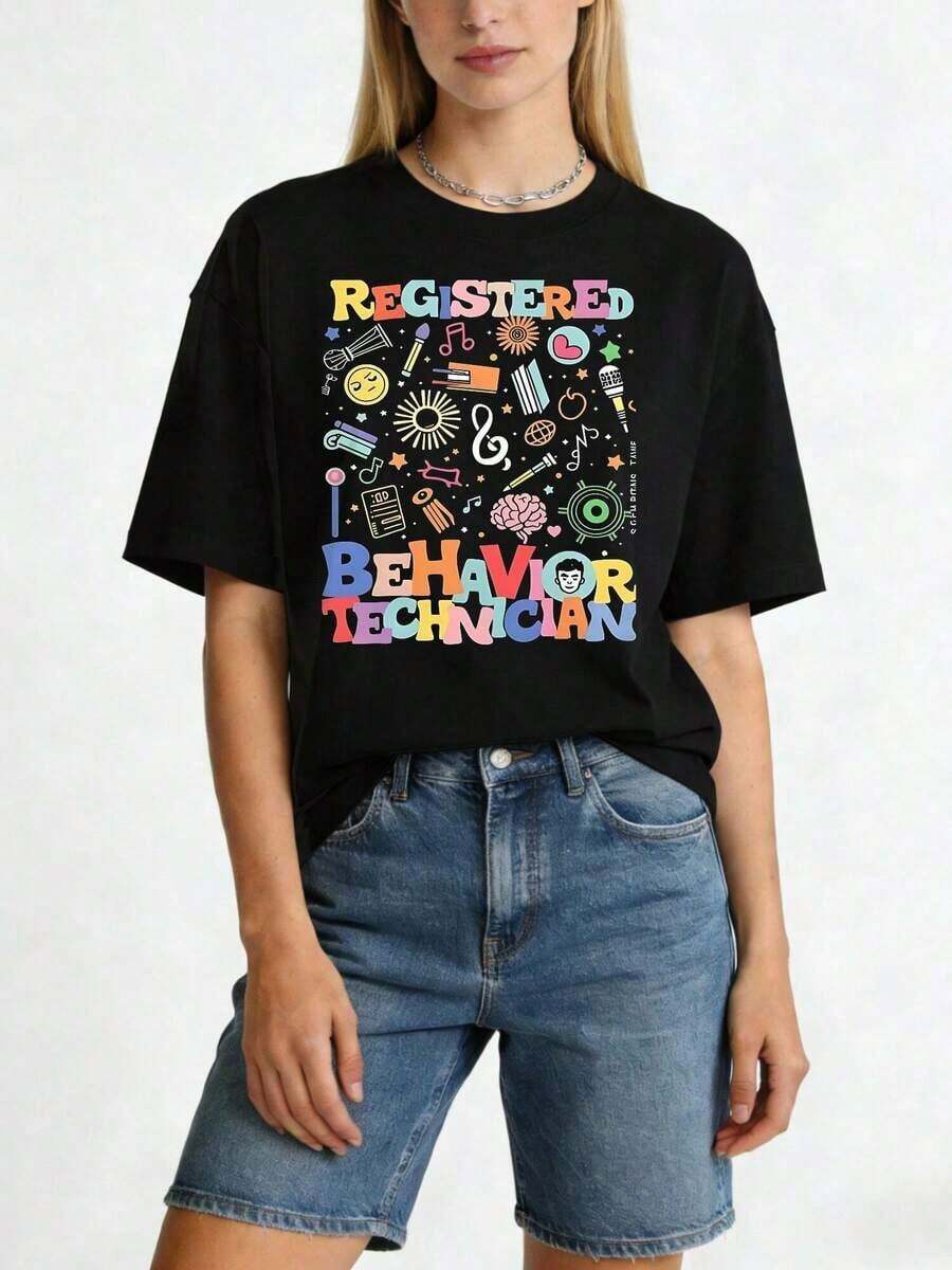 1 Piece Of Women's T-Shirt With Professional RBT Typographic Print, Casual Loose Fit, Short Sleeve, Round Neck, Medium Elasticity, Machine Washable, Unique Design, Fashionable T-Shirt For Spring And Summer, 180g 100% Cotton. - 黑色 - 查看 1