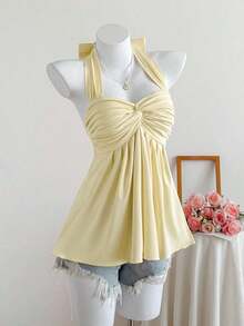 Top de tirantes con estampado de lunares marrones y detalle de nudo en la espalda para mujer, adecuado para verano, vacaciones de primavera, ceremonia de graduación, fiesta de boda, vacaciones elegantes, playa casual, estilo Y2K lindo y sexy y - Amarillo claro - Ver 3