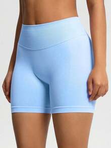 Pantalones cortos de yoga sin costuras de cintura alta para mujer - Levantamiento de glúteos elástico, adecuado para correr, fitness y actividades al aire libre| Apariencia de moda| Tela elástica de verano - Celeste - Ver 5