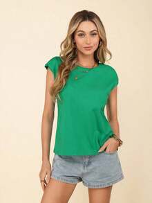 Camiseta de cuello redondo sólida, casual para el verano - Verde - Ver 4