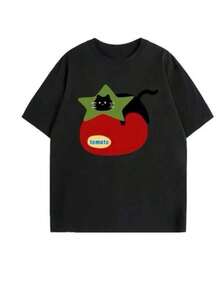 Women's Summer T-Shirt With Cat And Tomato Print, Round Neck, Short Sleeve, Casual Style, Comfortable, 100% Cotton - 黑色 - 查看 1