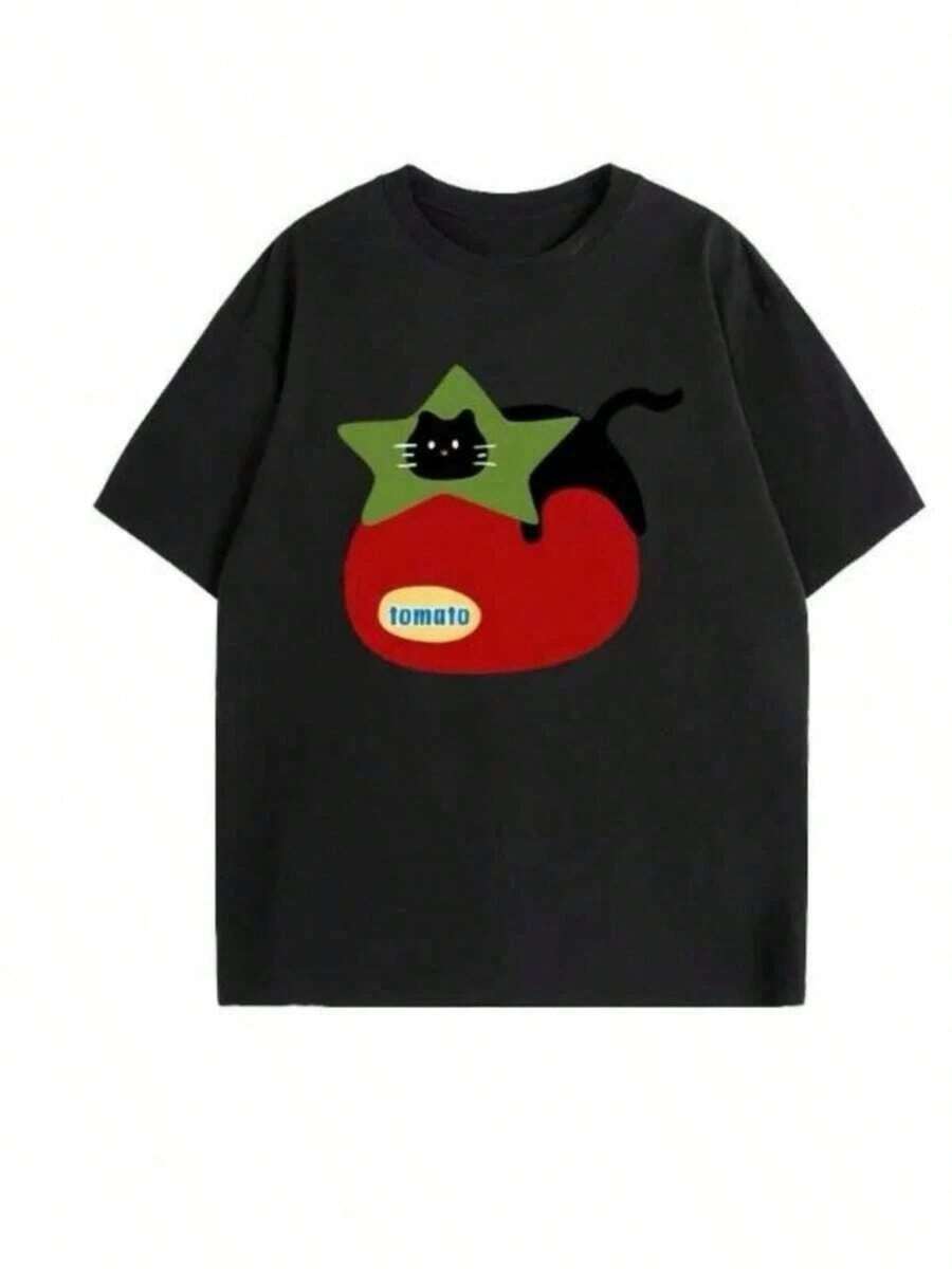 Women's Summer T-Shirt With Cat And Tomato Print, Round Neck, Short Sleeve, Casual Style, Comfortable, 100% Cotton - 黑色 - 查看 1