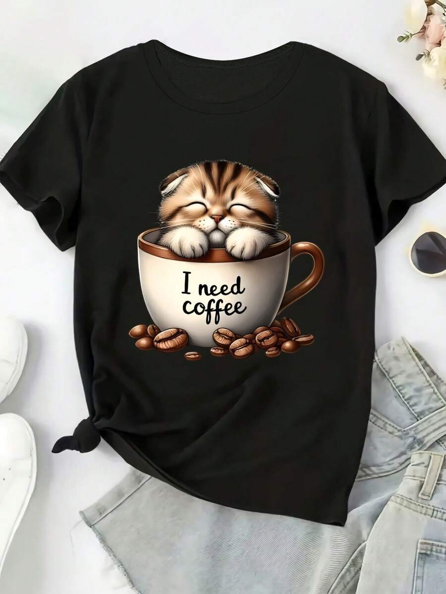 Camiseta de Manga Corta con Estampado, Talla, Cuello Redondo, Cómoda, Holgada y Ligeramente Elástica para Mujer - Negro - Ver 1