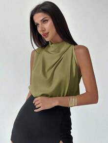 Camisa asimétrica plisada de color albaricoque, elegante y de moda, para uso diario en la oficina, de vacaciones o en festivales de música, para primavera/verano - Verde - Ver 9