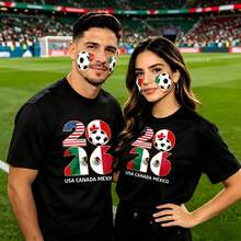 Couple football pattern T-shirt, 100% cotton, loose fitting, soft and breathable, casual round neck short sleeved top World Cup 2026 Mexico Usa Canada Printed patterns, dating, leisure travel, gatherings, simple cartoon printing style, high cost-effectiveness Suitable for watching live sports games, - Negro - Ver 1