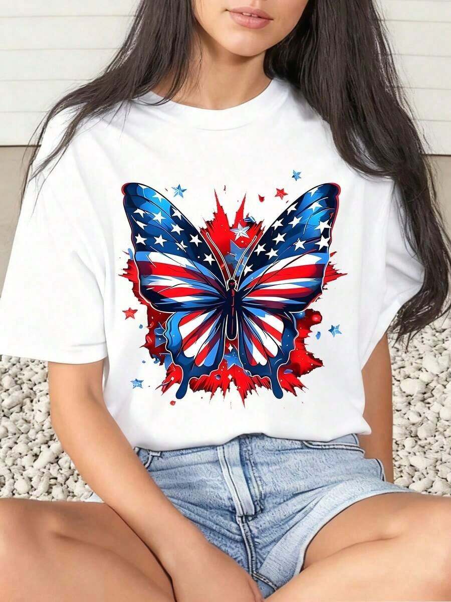 1 Piece Women's T-Shirt With American Flag And Butterfly Print, Casual For Everyday Wear, Round Neck, Short Sleeve, Soft And Comfortable, 220g/180g 100% Cotton - 白色 - 查看 1