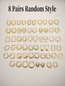 1/4/8/16 Pairs Elegant Gold Hoop Earrings Set For Women, Minimalist Fashion Striped Geometric Pattern Circular Earrings. Assorted Styles Including Circle, Square, Heart, Teardrop Shapes With Textures Like Hammered, Twisted, Beaded Chain, Suitable For Dresses, T-Shirts, Bikinis And Various Outfits. - Gold - View 10