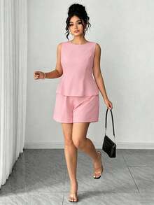 Conjunto de 2 piezas sin mangas rojo para mujer: Top corto con lazo en la espalda + Shorts, adecuado para citas, compras, fiestas, ir al trabajo, estilo elegante - Rosa Pálido - Ver 5