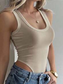 Mono de punto acanalado de unicolor minimalista para uso diario y casual de mujer, con cuello de pico ajustado y sin mangas - Caqui - Ver 5