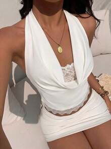 Nuevo Camisol de Mujer con Cuello Halter, Espalda Descubierta y Tirantes con Lazo, Diseño de Encaje y Parches, Adecuado para Vacaciones y Playa - Blanco - Ver 4