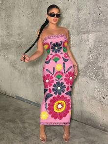 Vestido ajustado con estampado floral retro y estilo bohemio casual para mujeres, adecuado para vacaciones de verano - Rosa - Ver 3