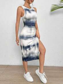 Vestido ajustado sin mangas con abertura y teñido anudado para mujer en verano - Azul marino - Ver 6