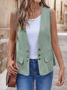Chaleco de mujer con mezcla de lino y algodón con decoración de bolsillo de algodón rastreable - Verde Oliva - Ver 3