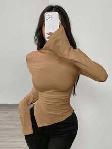 Women's Winter Sweater With A Plunging Neckline, Can Be Worn With An Asymmetrical Collar, Asymmetrical Hem, Knitted Top. - 卡其色 - 查看 4