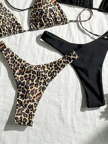 Swim Vcay Nuevo conjunto de bikini con múltiples piezas, de tiras de espagueti, corte alto y estampado de leopardo y unicolor - Multicolor 7 - Ver 5